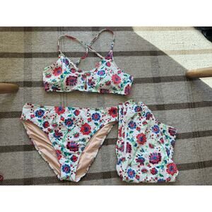 Garnet Hill Lattice Bikini Swimsuit Set Rash Guard 16 Women’s Floral White Red